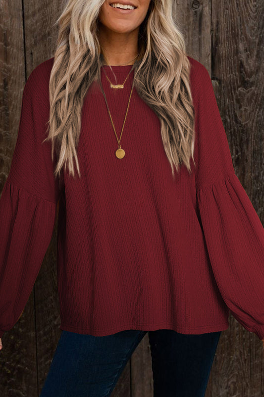 Ruby Solid Color Textured Lantern Sleeve Top