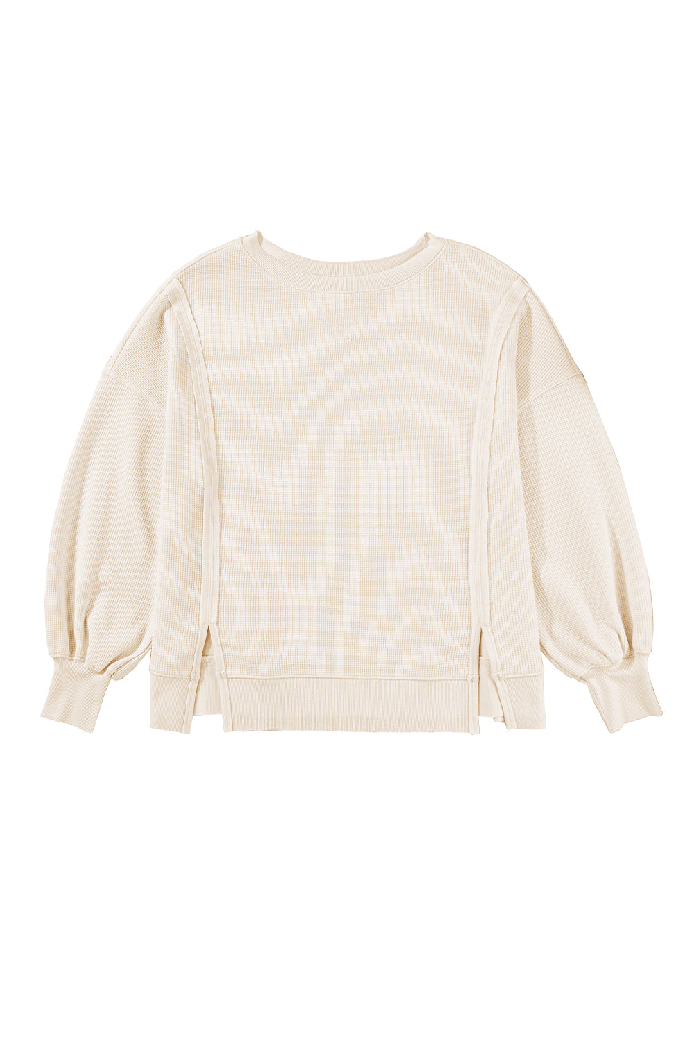 White Waffle Bishop Sleeve Split Oversized Sweatshirt