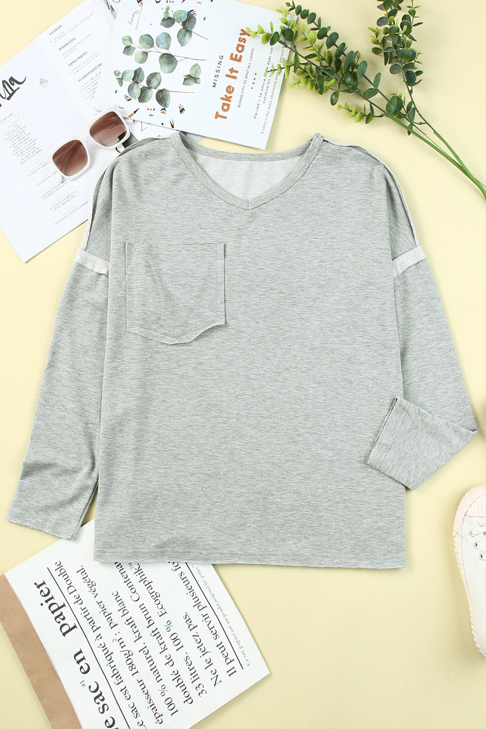 Grey V Neck Exposed Seam Drop Shoulder Long Sleeve Top