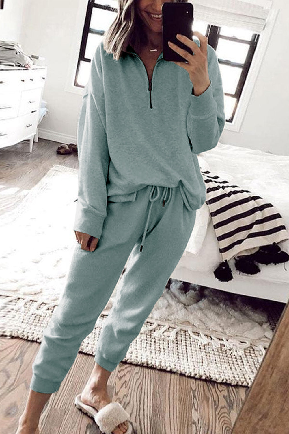 Blue Solid Color Half Zipped Top and Drawstring Pants Loungewear Set