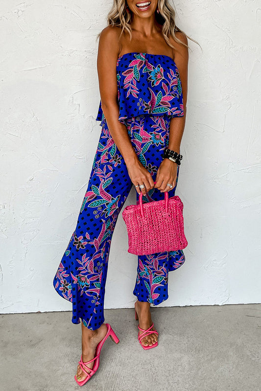 Blue Boho Tropical Print Ruffle Overlay Strapless Flared Jumpsuit