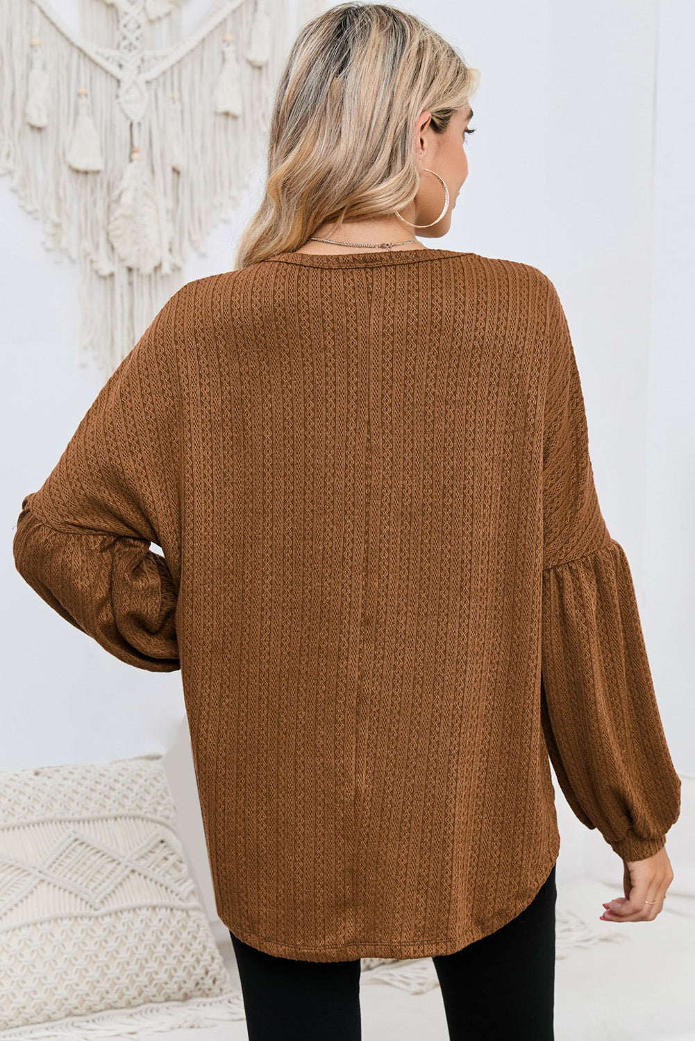 Ruby Solid Color Textured Lantern Sleeve Top