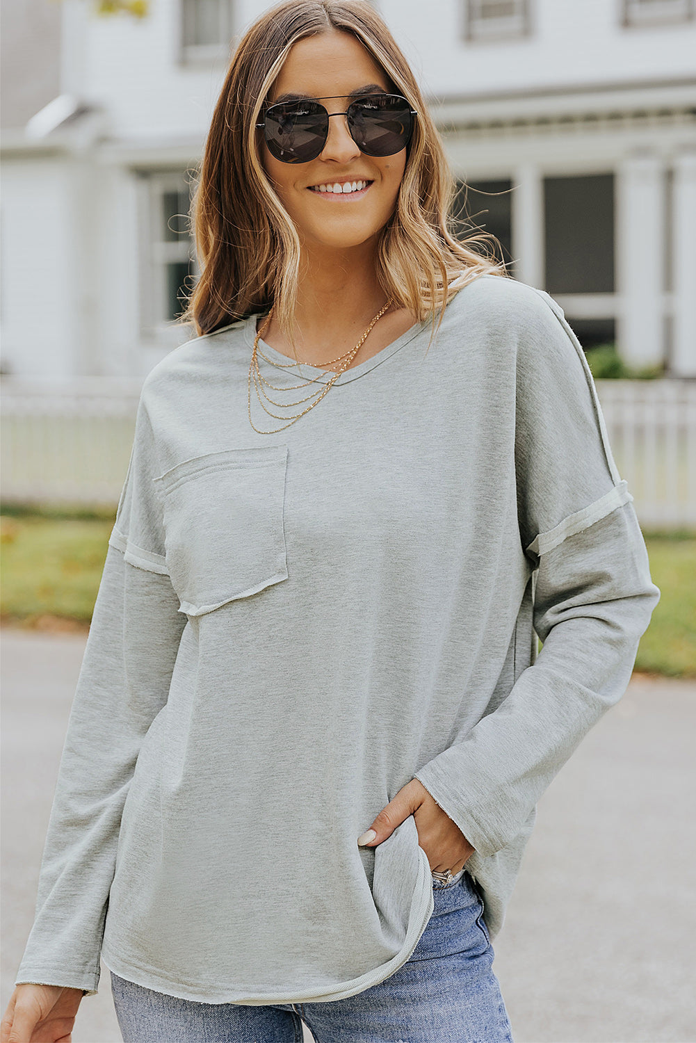 Grey V Neck Exposed Seam Drop Shoulder Long Sleeve Top