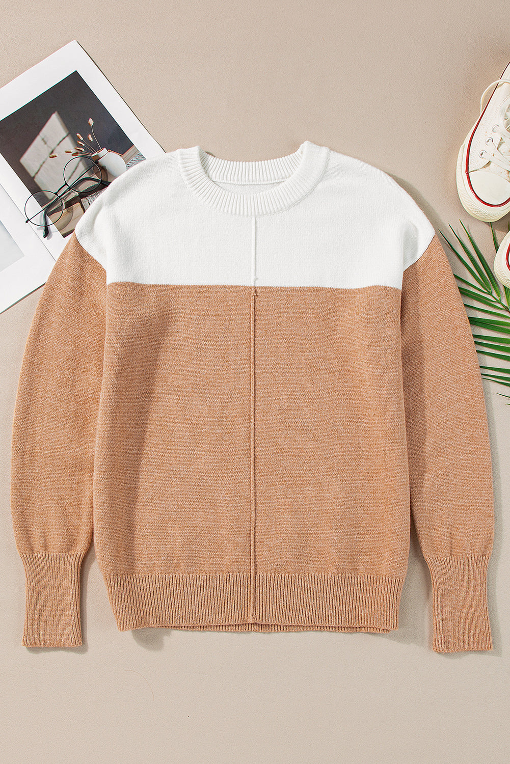 Khaki Colorblock Ribbed Trim Round Neck Sweater