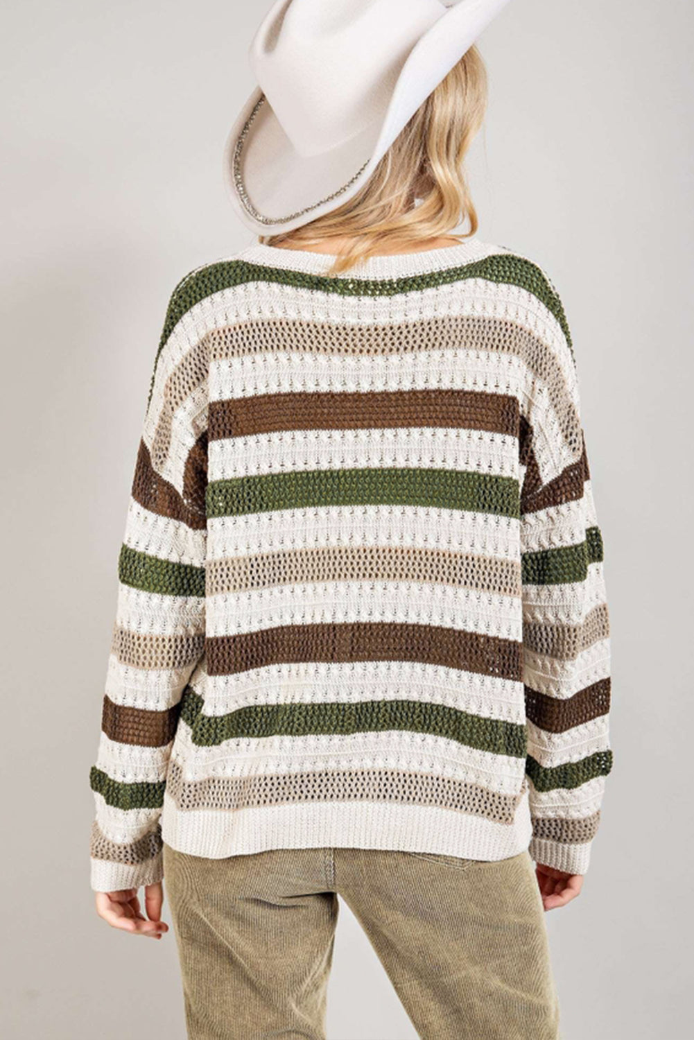 Striped Colorblock Drop Sleeve Hollowed Knit Sweater