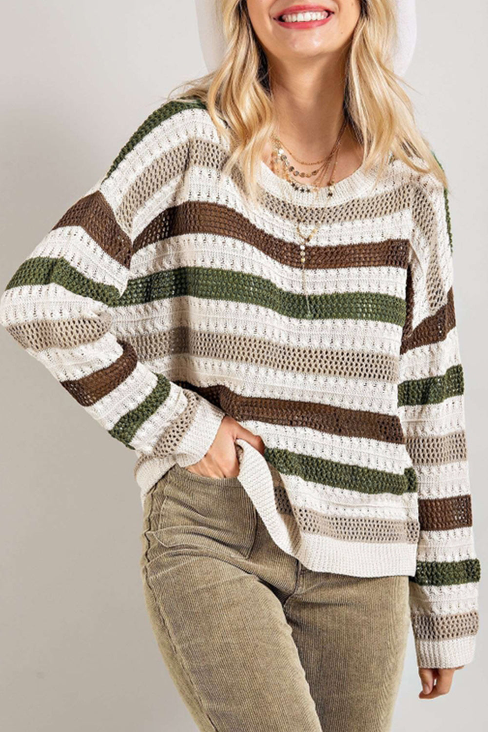 Striped Colorblock Drop Sleeve Hollowed Knit Sweater