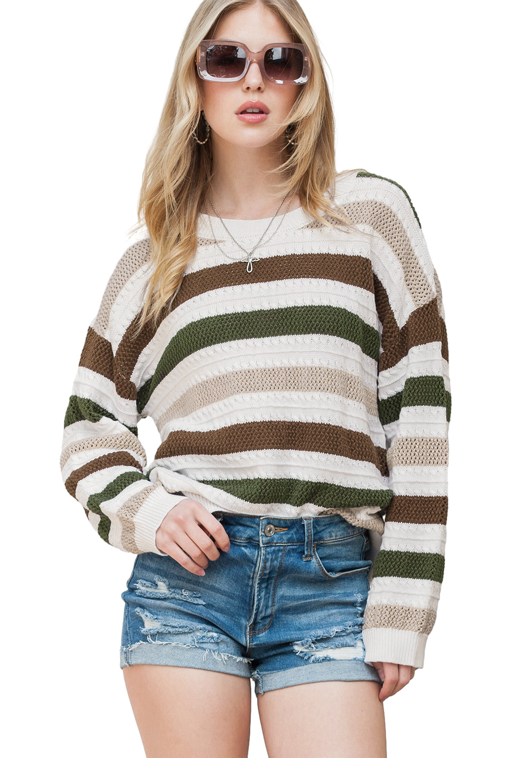 Striped Colorblock Drop Sleeve Hollowed Knit Sweater