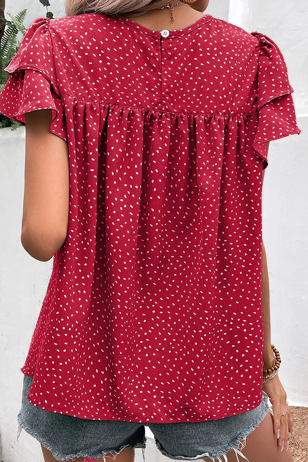 Fiery Red Spotted Print Pleated Ruffle Sleeve Blouse *** Expected Ship Date: 6/5/24