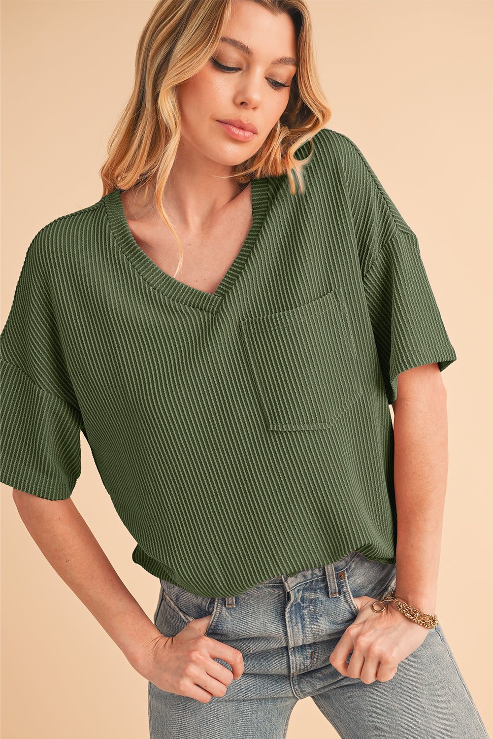 Valerian Ribbed V Neck Pocket Drop Sleeve T-Shirt