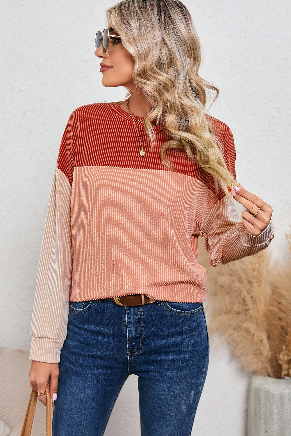 Dark Green Color Block Cording Loose Long Sleeve Top