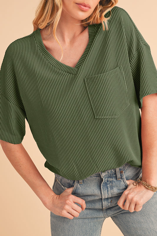 Valerian Ribbed V Neck Pocket Drop Sleeve T-Shirt