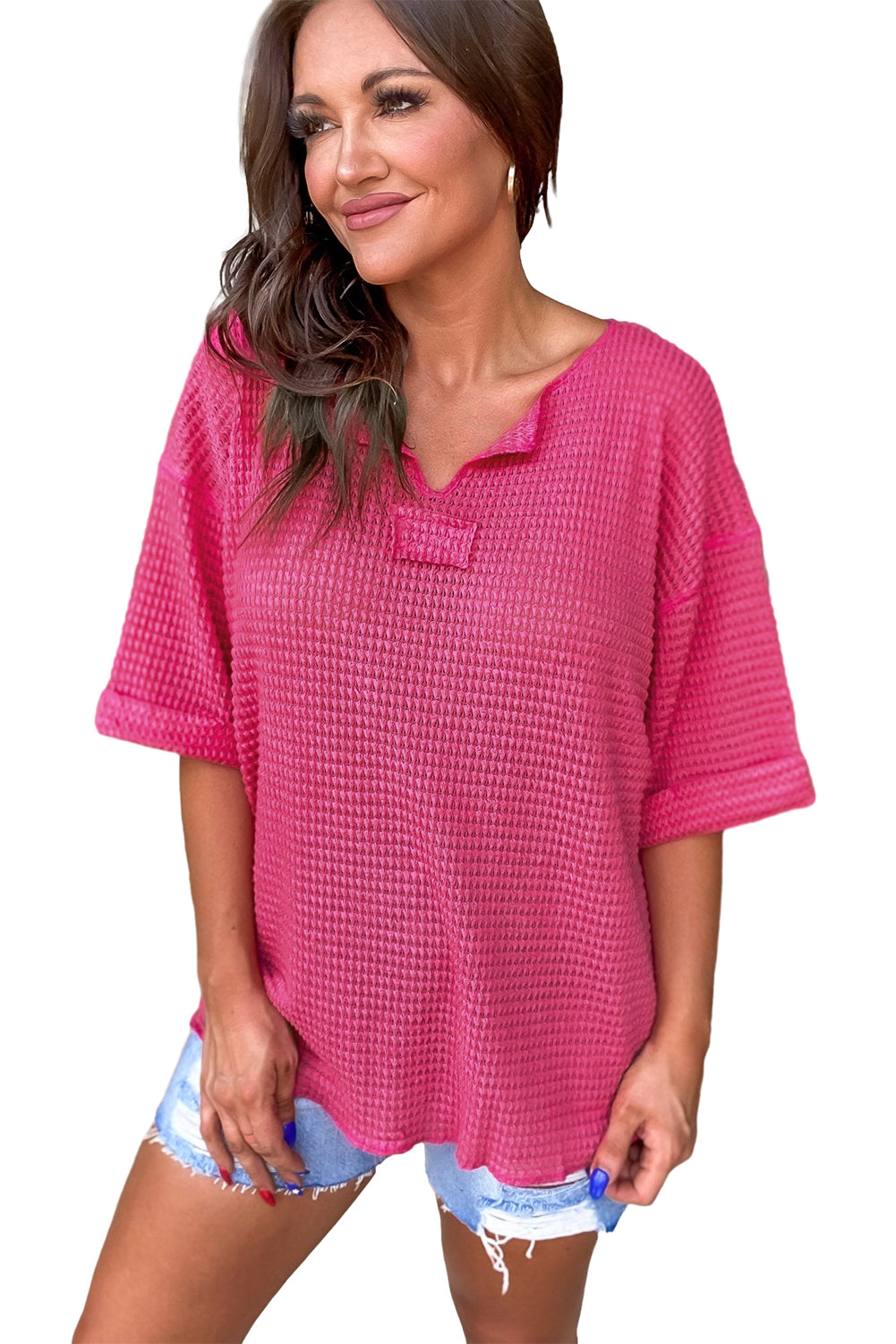 Strawberry Pink Textured Knit Split Neck Short Sleeve Top