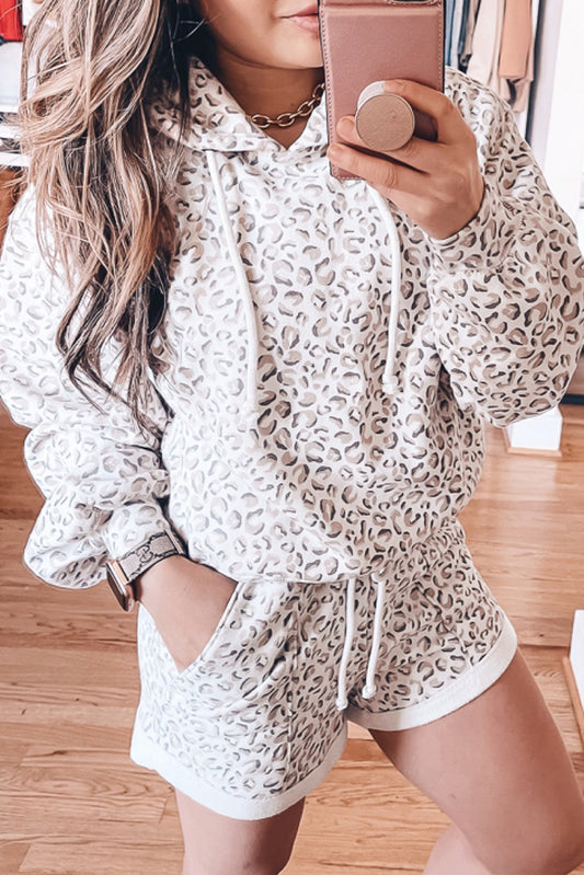 White Leopard Print Hoodie and Shorts Set