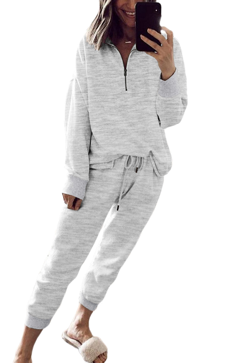 Blue Solid Color Half Zipped Top and Drawstring Pants Loungewear Set