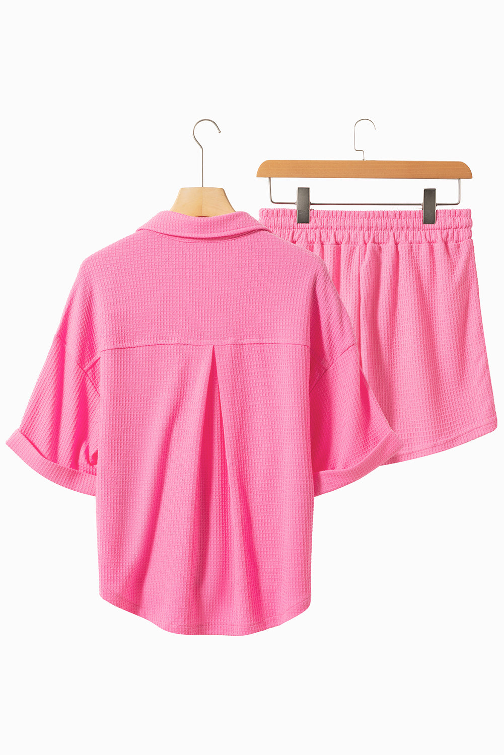 Bright Pink Textured Chest Pocket Half Sleeve Shirt Shorts Set