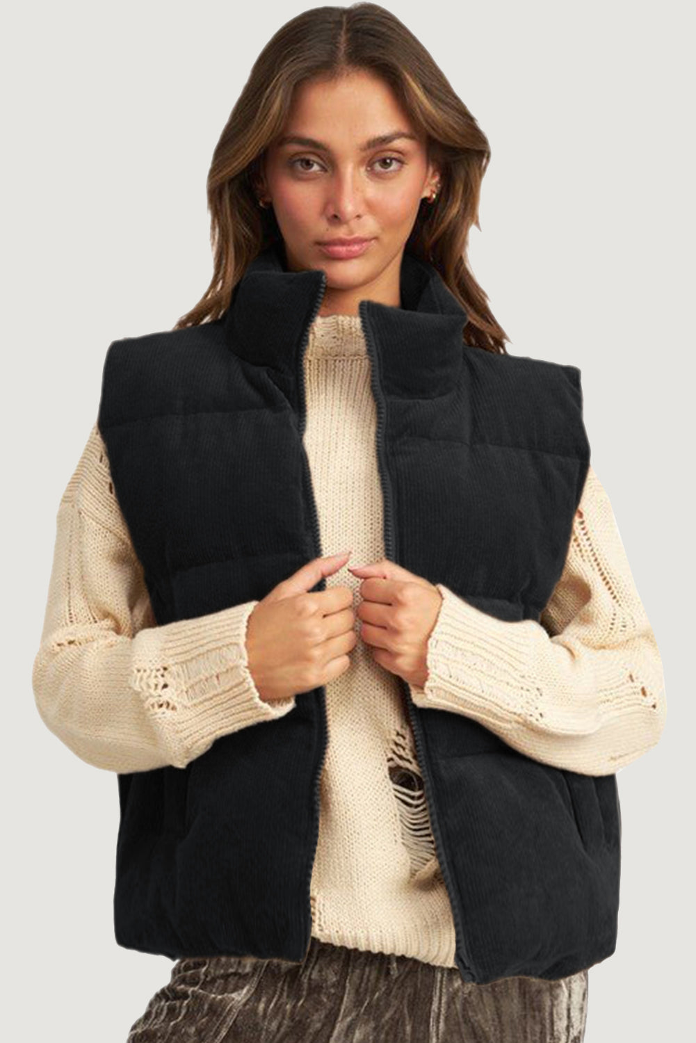 Black Solid Color Corduroy Puffer Vest Coat