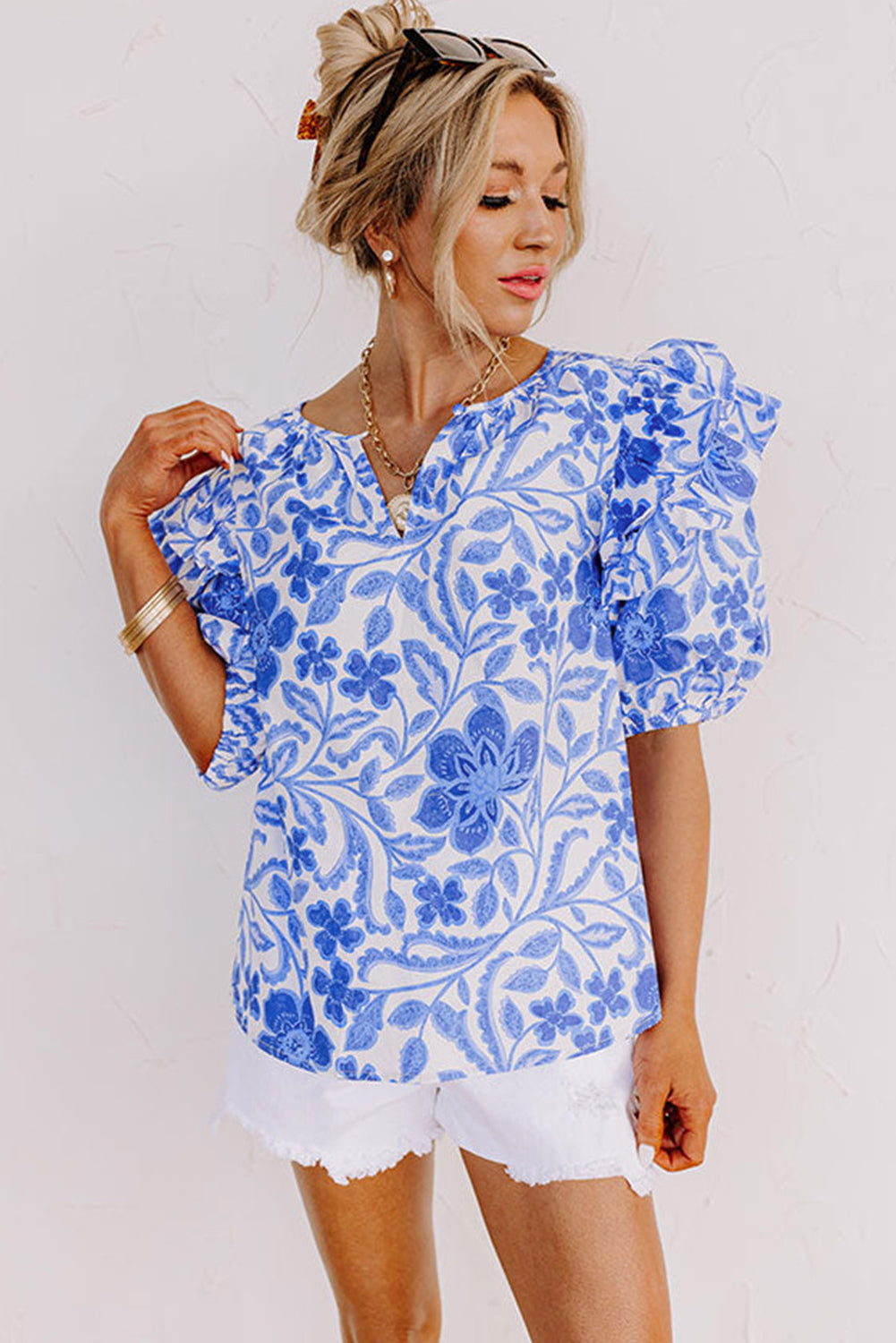 Wholesale Dark Blue Floral Print Ruffled Bubble Sleeve Blouse