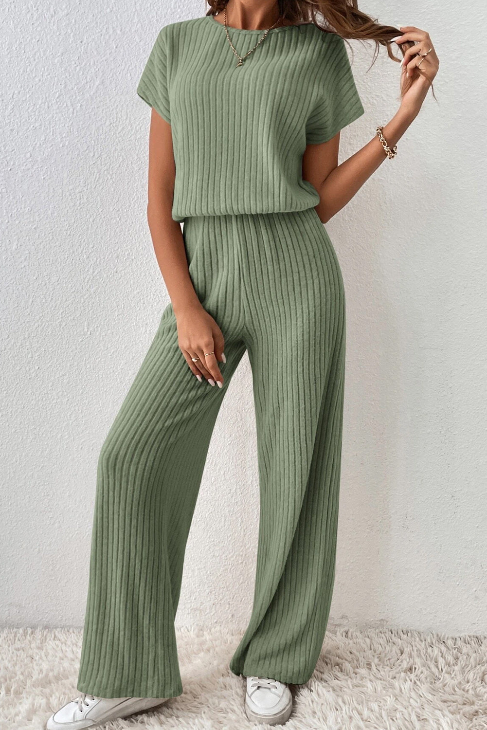 Black Solid Color Ribbed Short Sleeve Wide Leg Jumpsuit