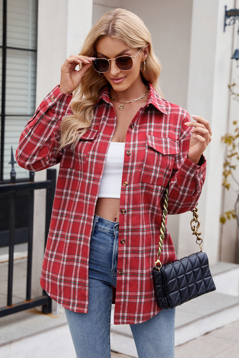 Red Plaid Chest Pocket Button Front Shirt