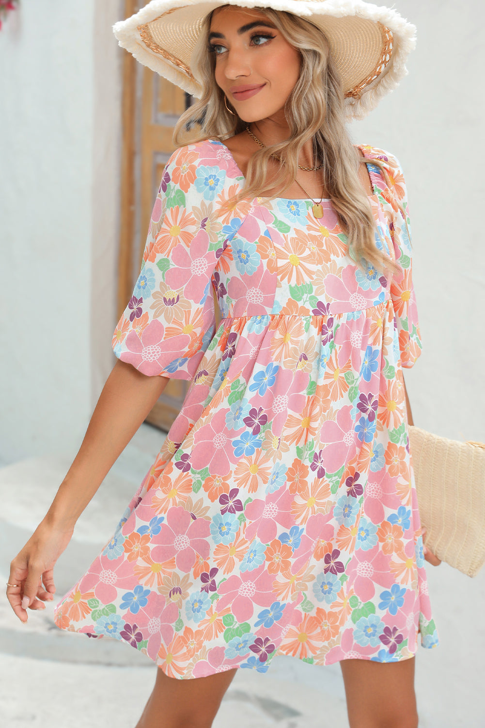 Pink Summer Floral Square Neck Puff Sleeve Babydoll Dress