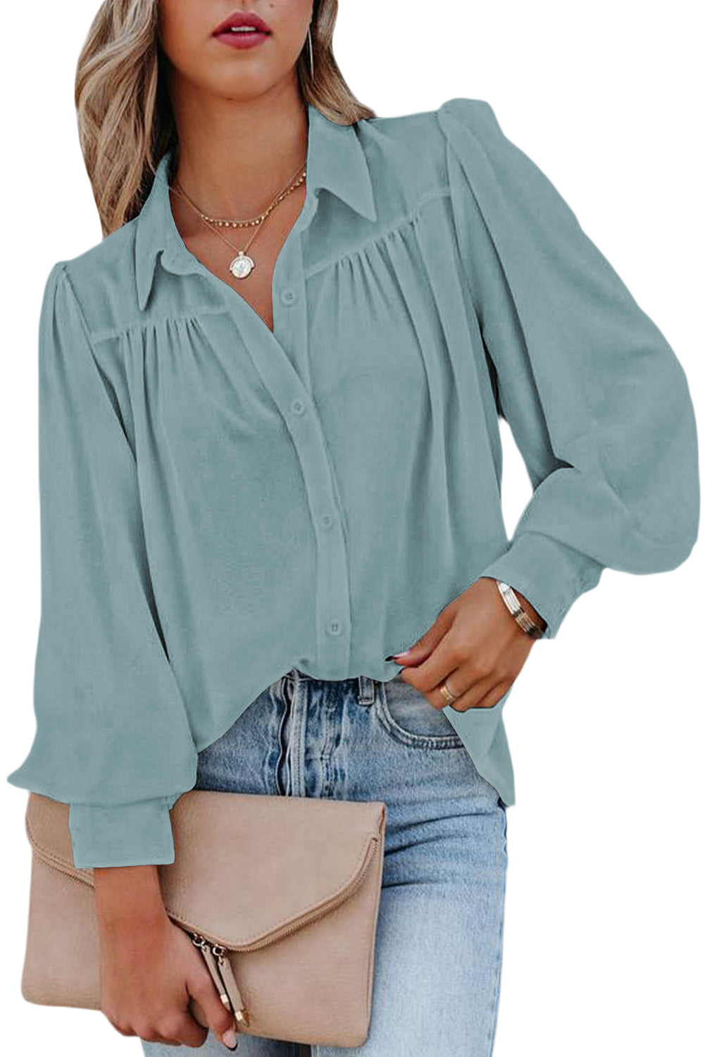 Light Blue Solid Color Button Up Puff Sleeve Casual Pleated Shirt