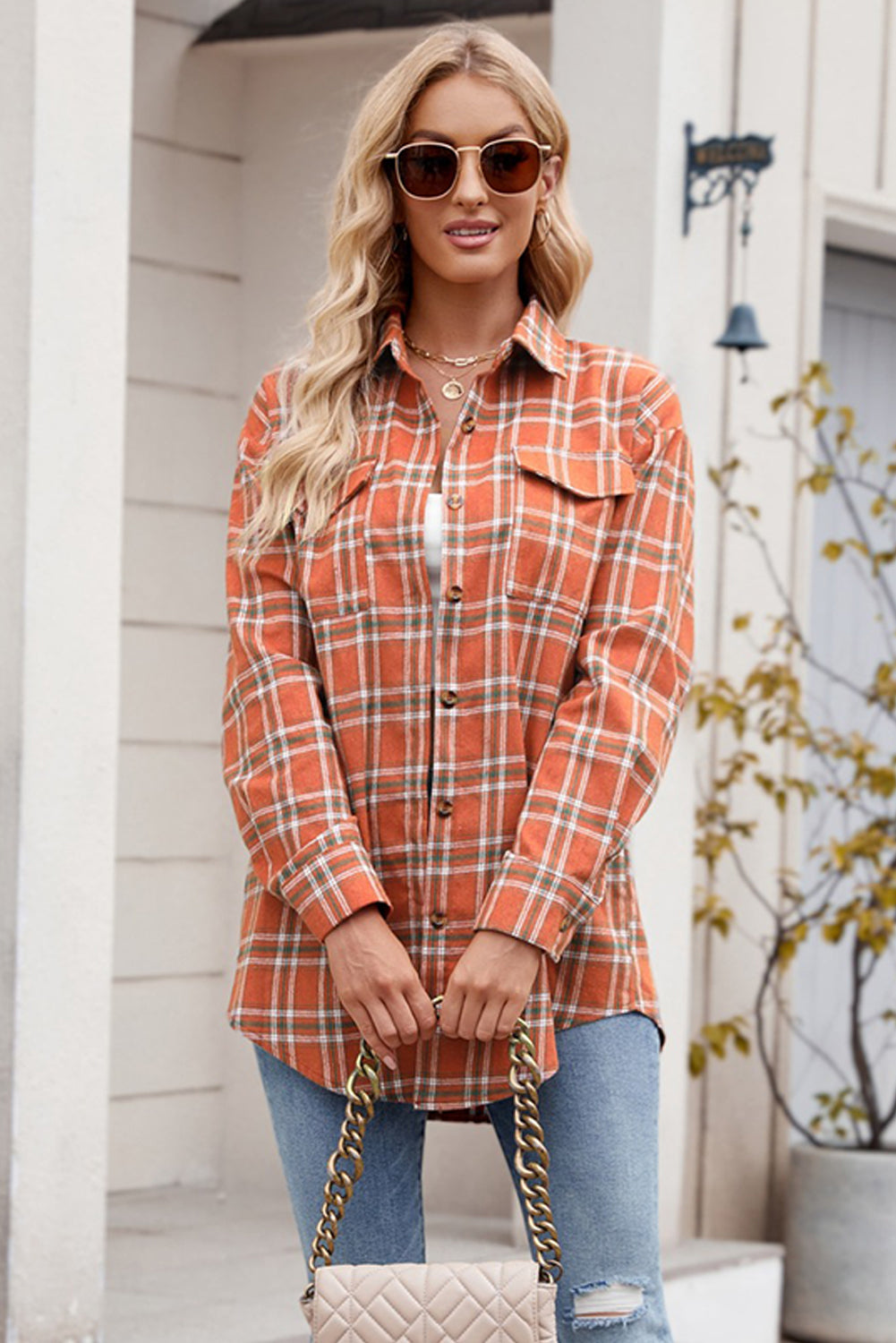 Red Plaid Chest Pocket Button Front Shirt