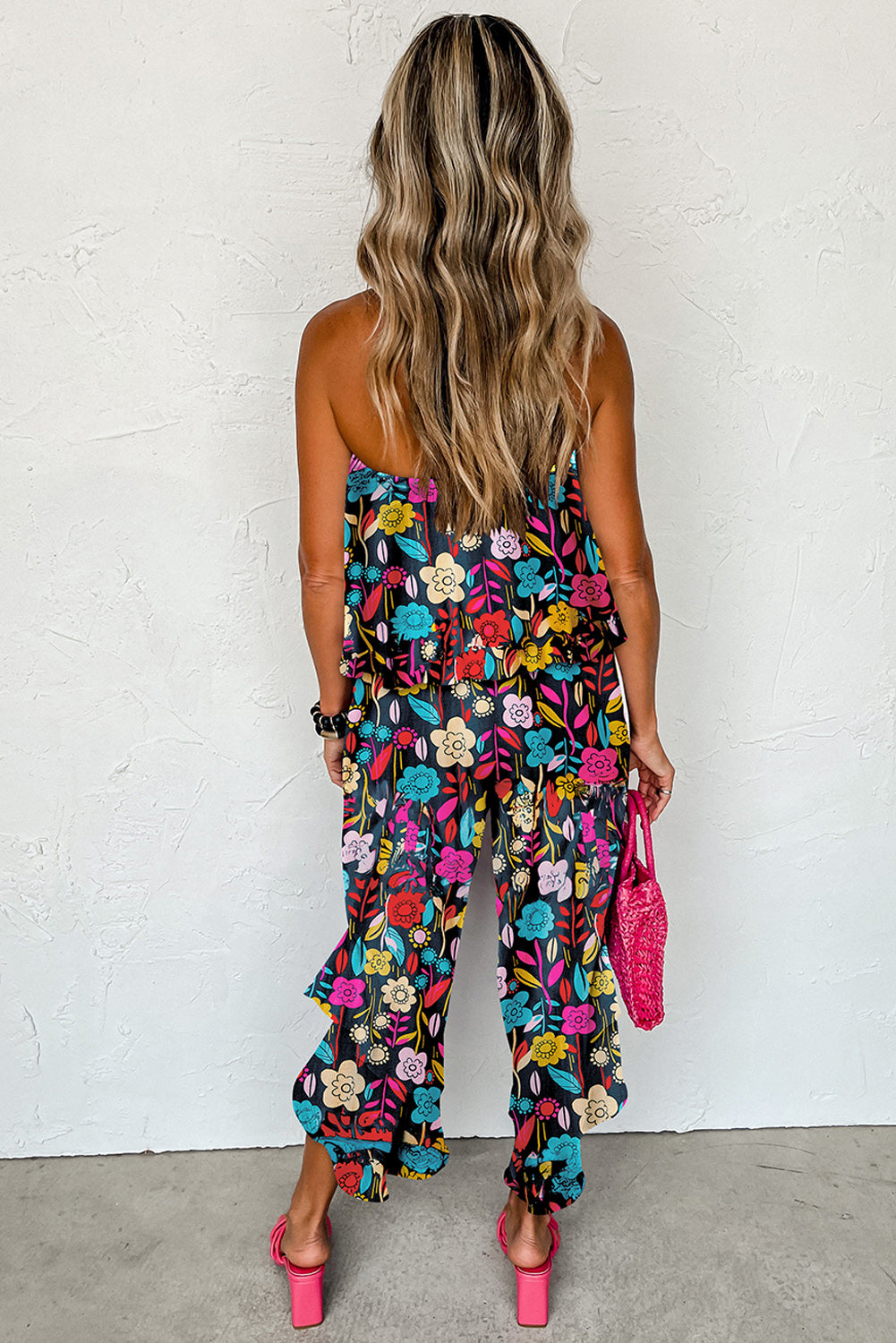 Blue Boho Tropical Print Ruffle Overlay Strapless Flared Jumpsuit