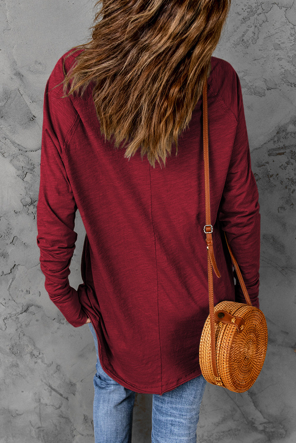 Dark Red Plain Thumbhole Long Sleeve Top