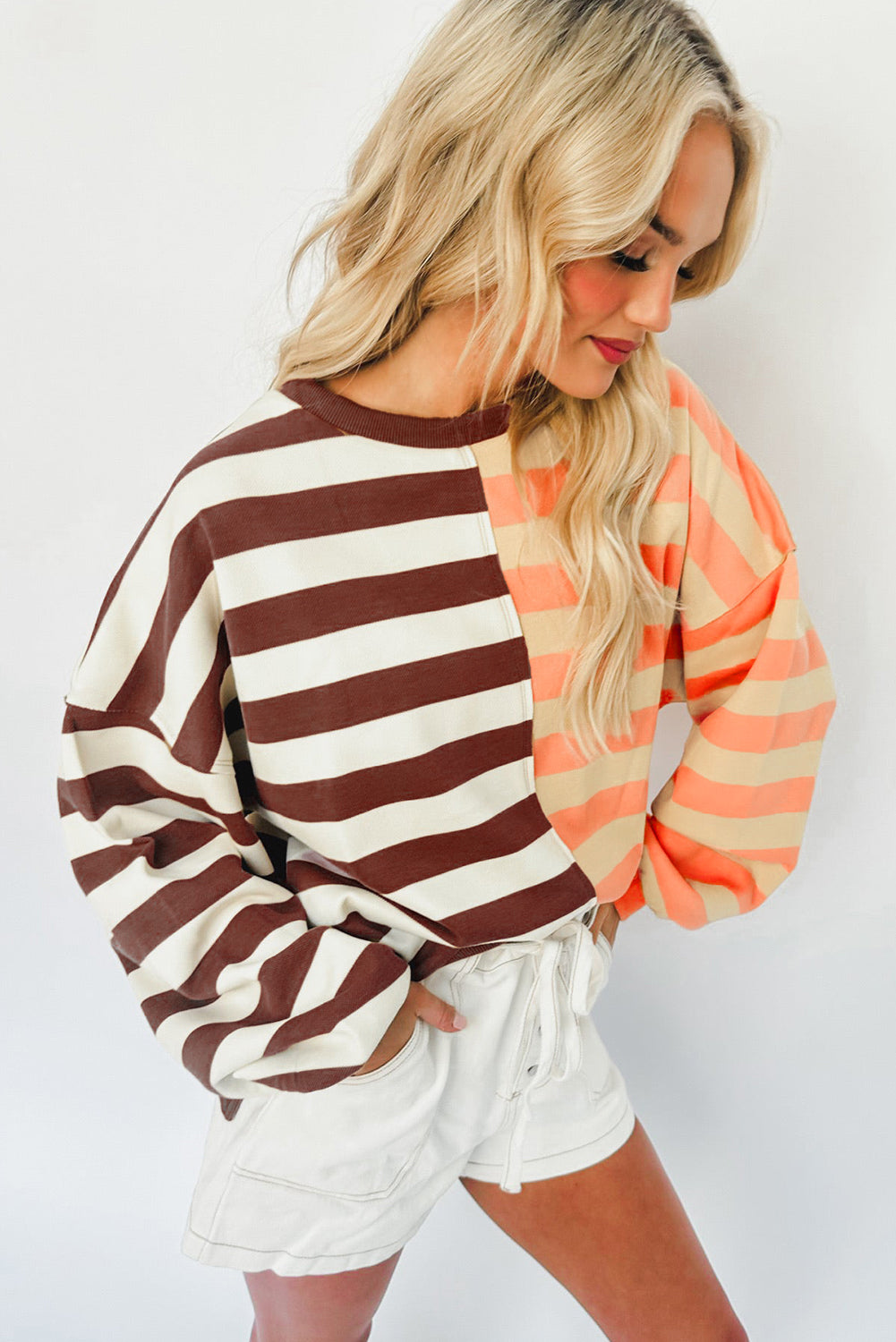 Brown Stripe Color Block Drop Shoulder Pullover Sweatshirt