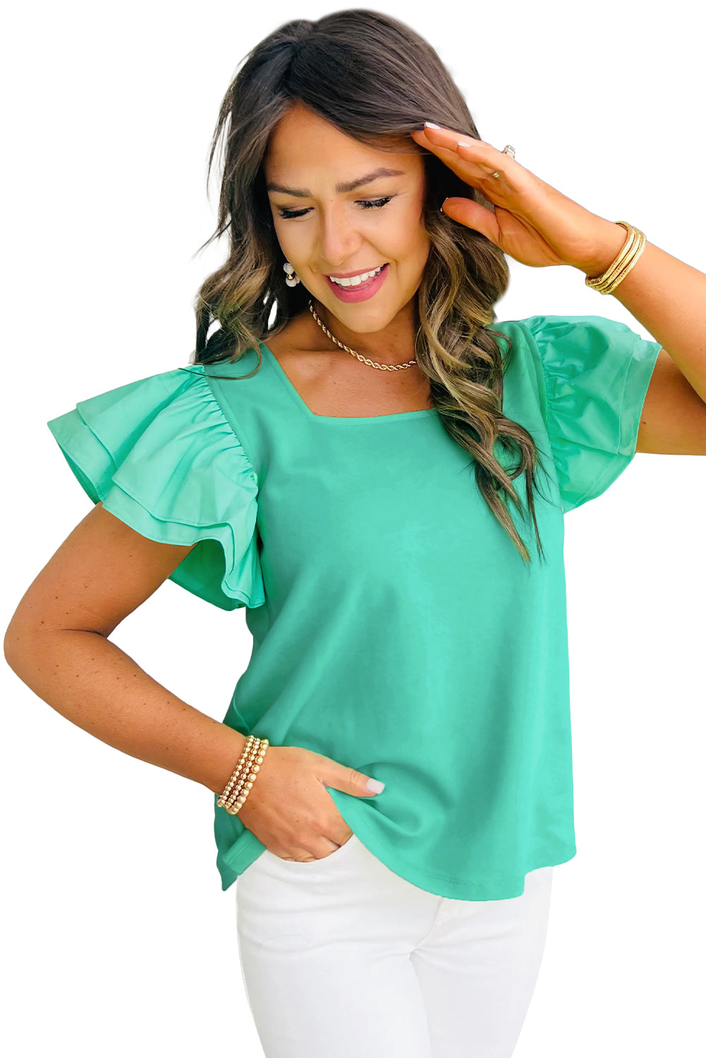 Mint Green Ruffle Flutter Sleeve Square Neck Top