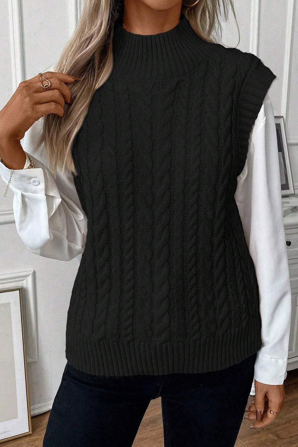 Oatmeal Ribbed Trim High Neck Cable Knit Sweater Vest