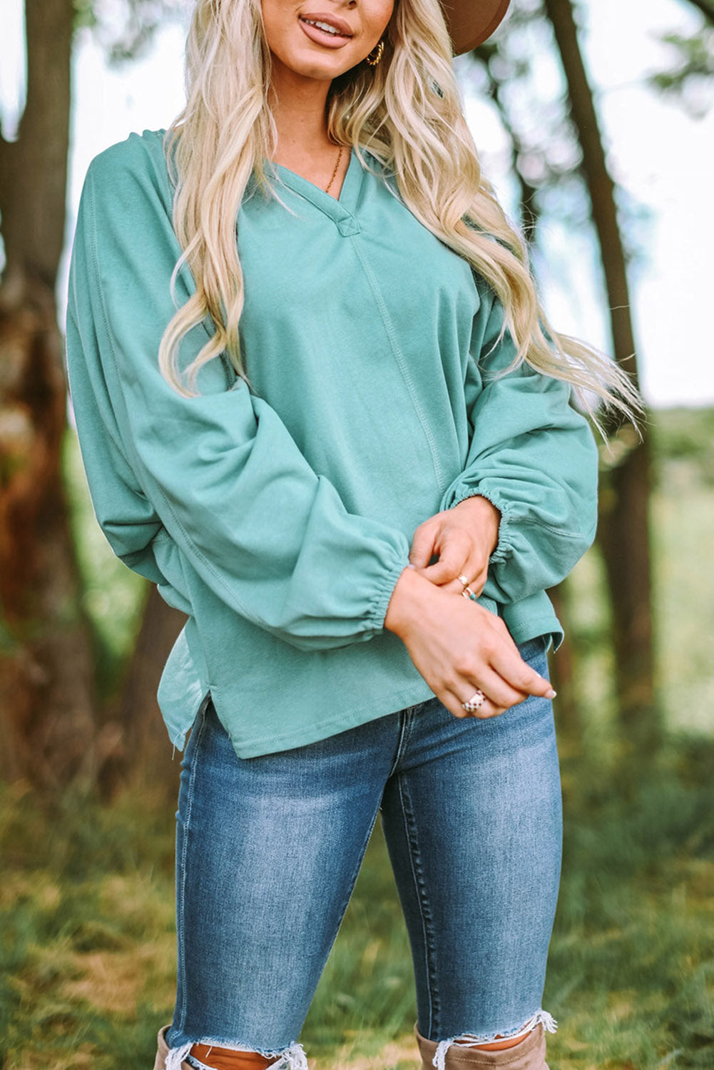 Green Split V Neck Dolman Top