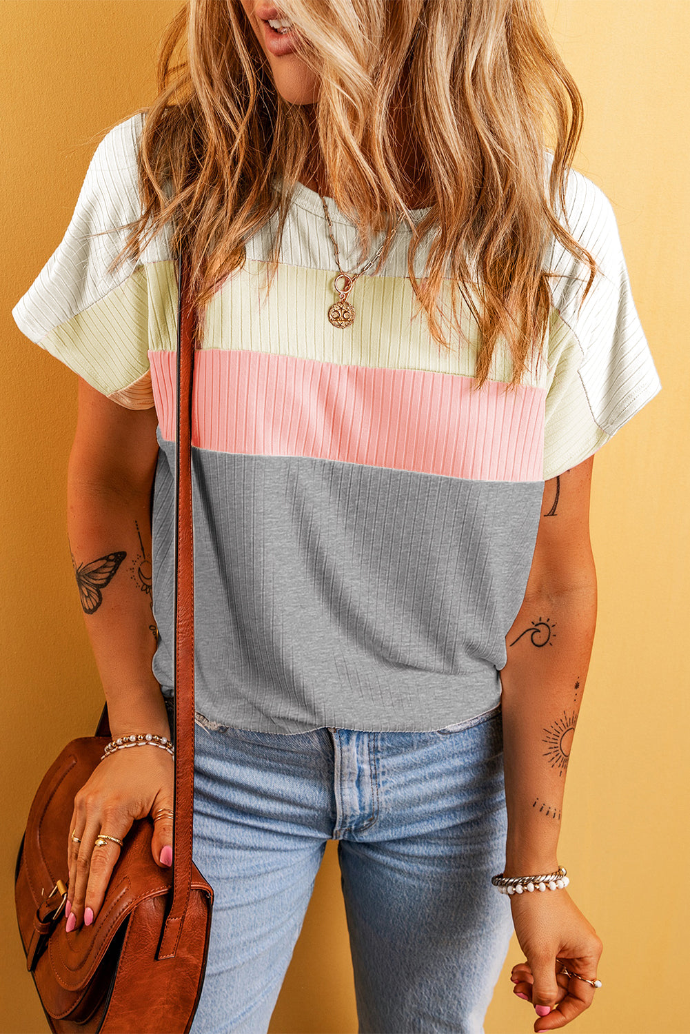 White Ribbed Color Block Patchwork T shirt