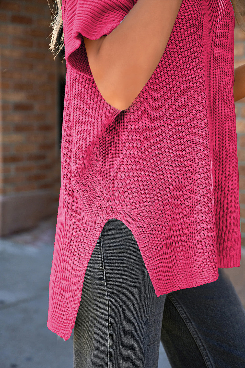 Rose Red Short Sleeve Side Slit Oversized Sweater