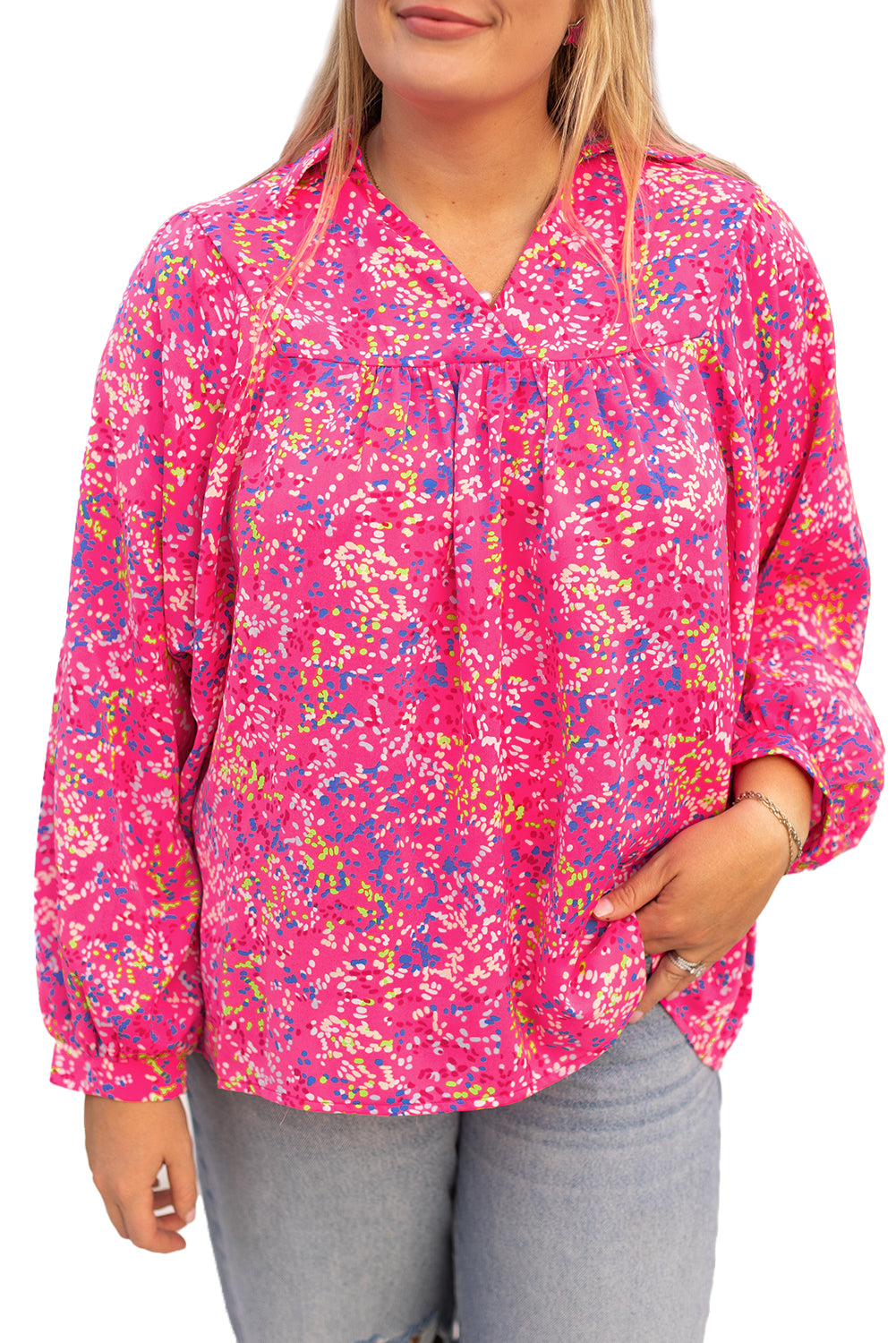 Purple Abstract Print Puff Sleeve V Neck Plus Size Blouse