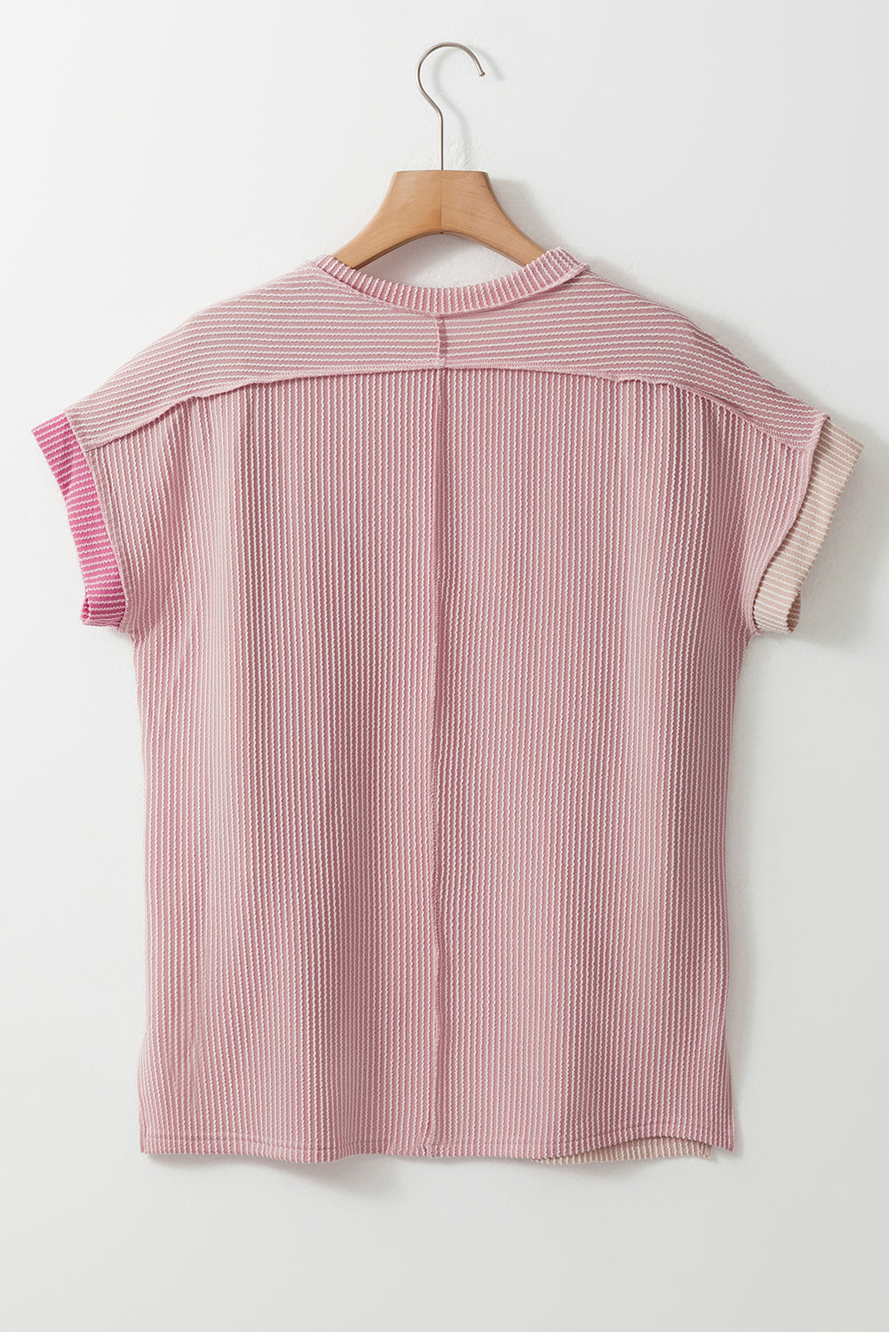 Apricot Pink Colorblock Ribbed Round Neck T Shirt