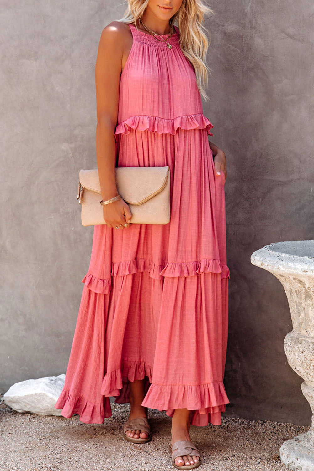 Orchid Petal Ruffle Hem Pleated Flowy Maxi Dress