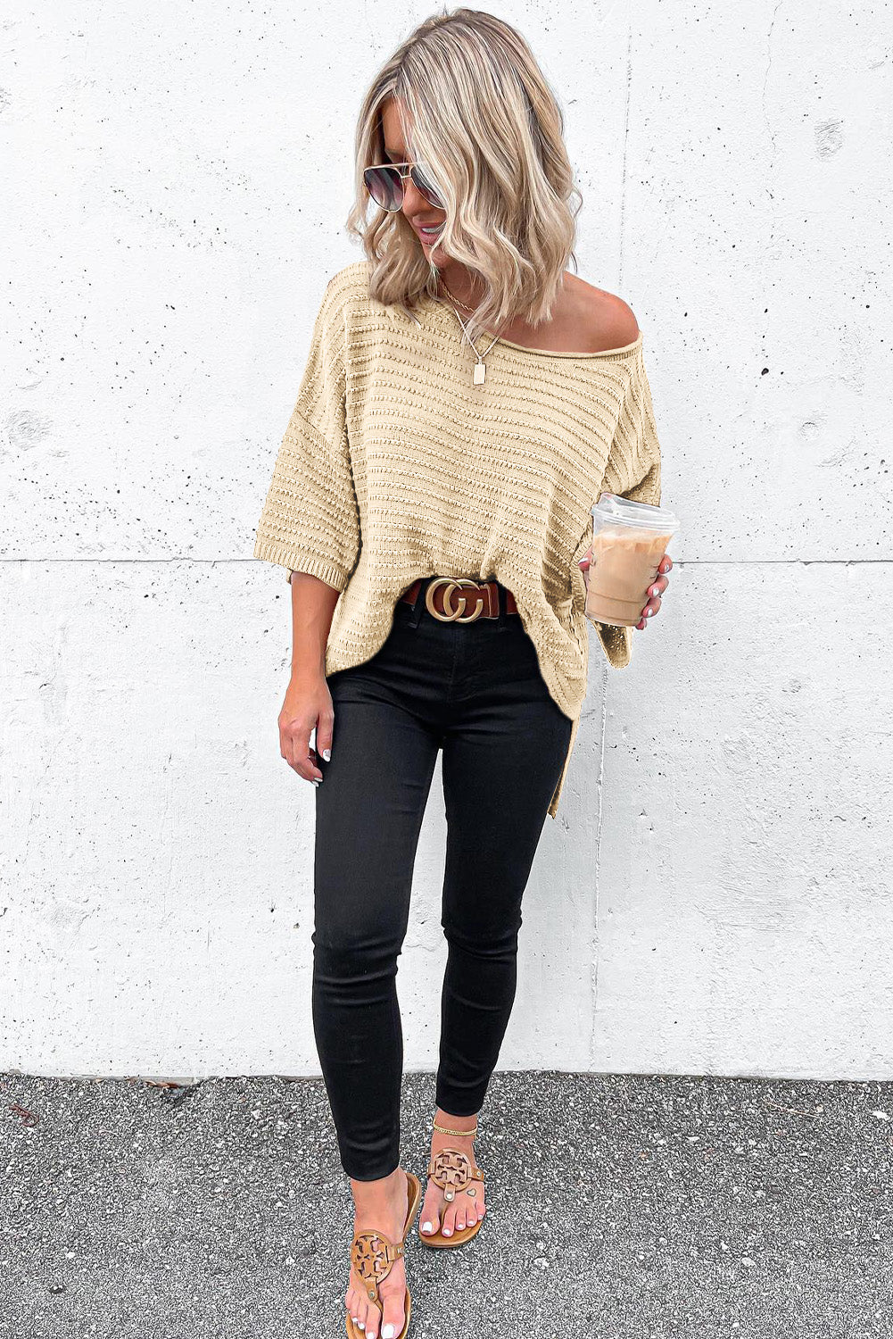 Brown Solid Color Rib-Knit Drop Sleeve Side Slits Top