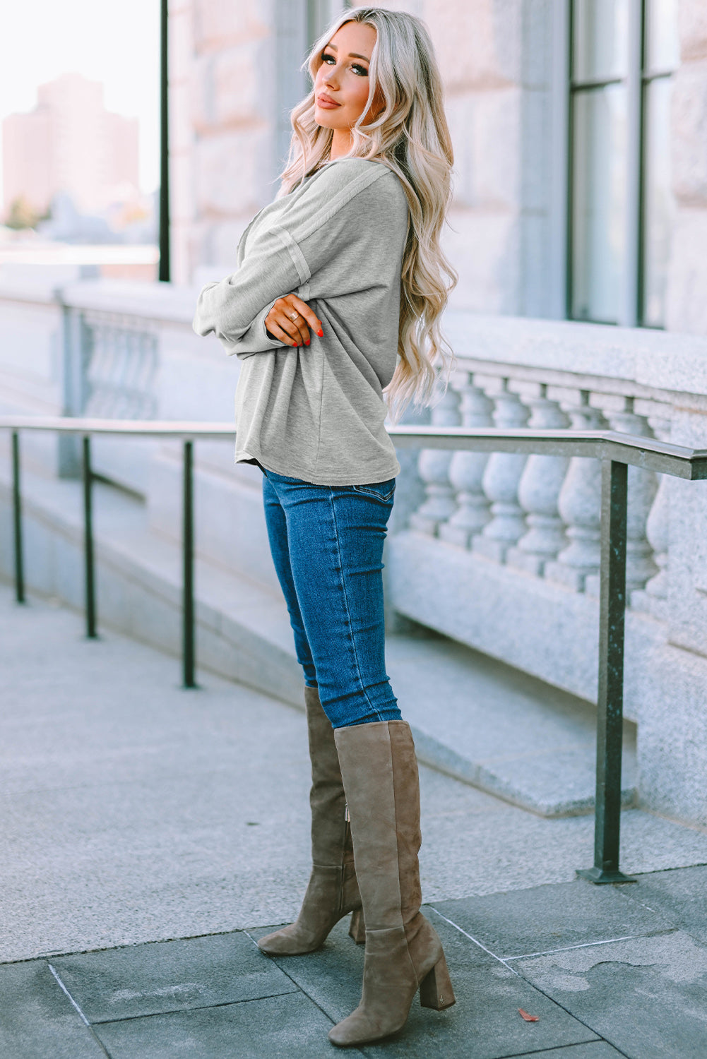 Grey V Neck Exposed Seam Drop Shoulder Long Sleeve Top