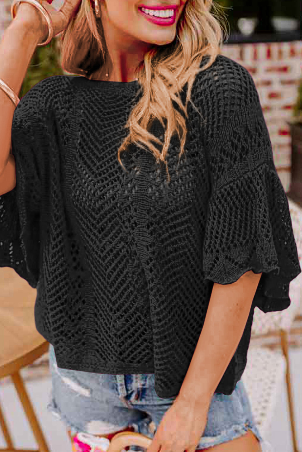 Black Pointelle Knit Scallop Edge Short Sleeve Blouse