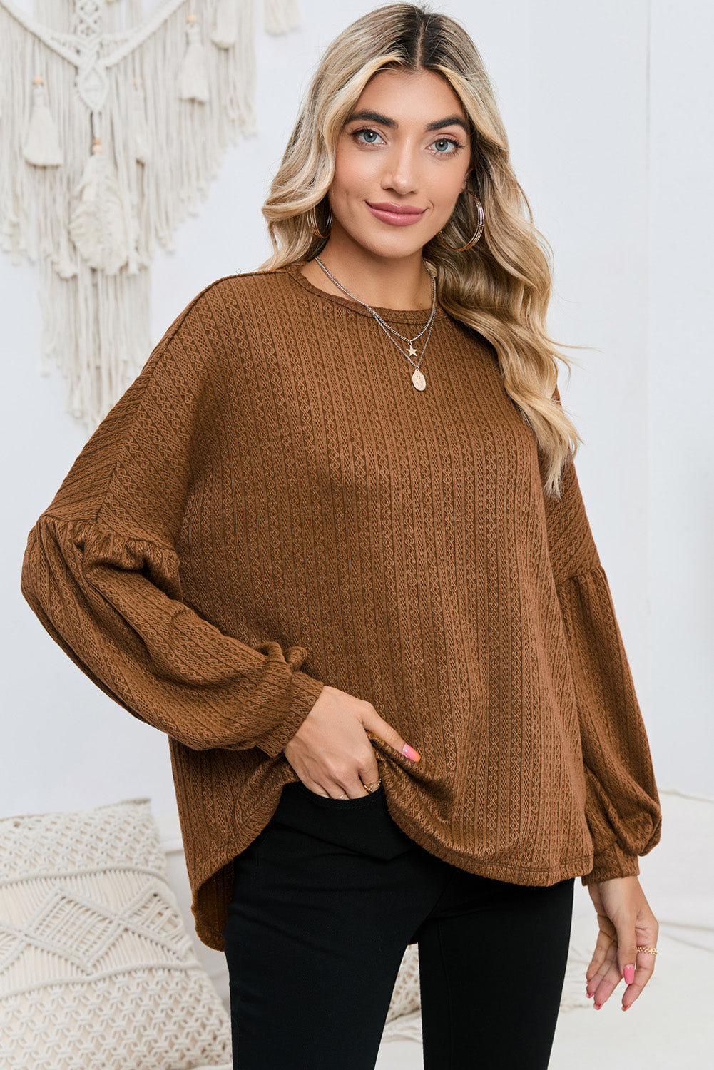 Ruby Solid Color Textured Lantern Sleeve Top