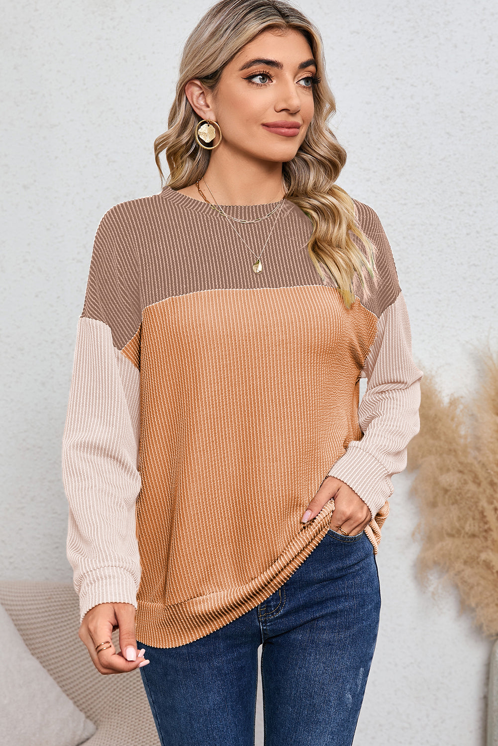 Dark Green Color Block Cording Loose Long Sleeve Top