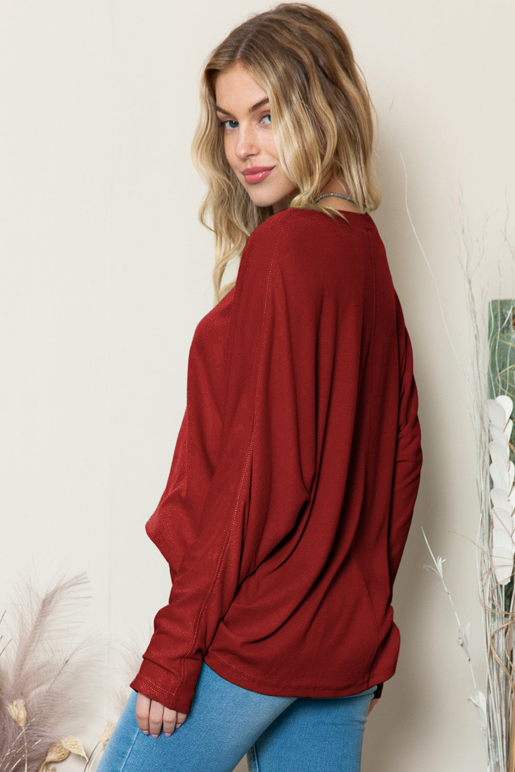 Red Solid Color Exposed Seam Long Sleeve Top