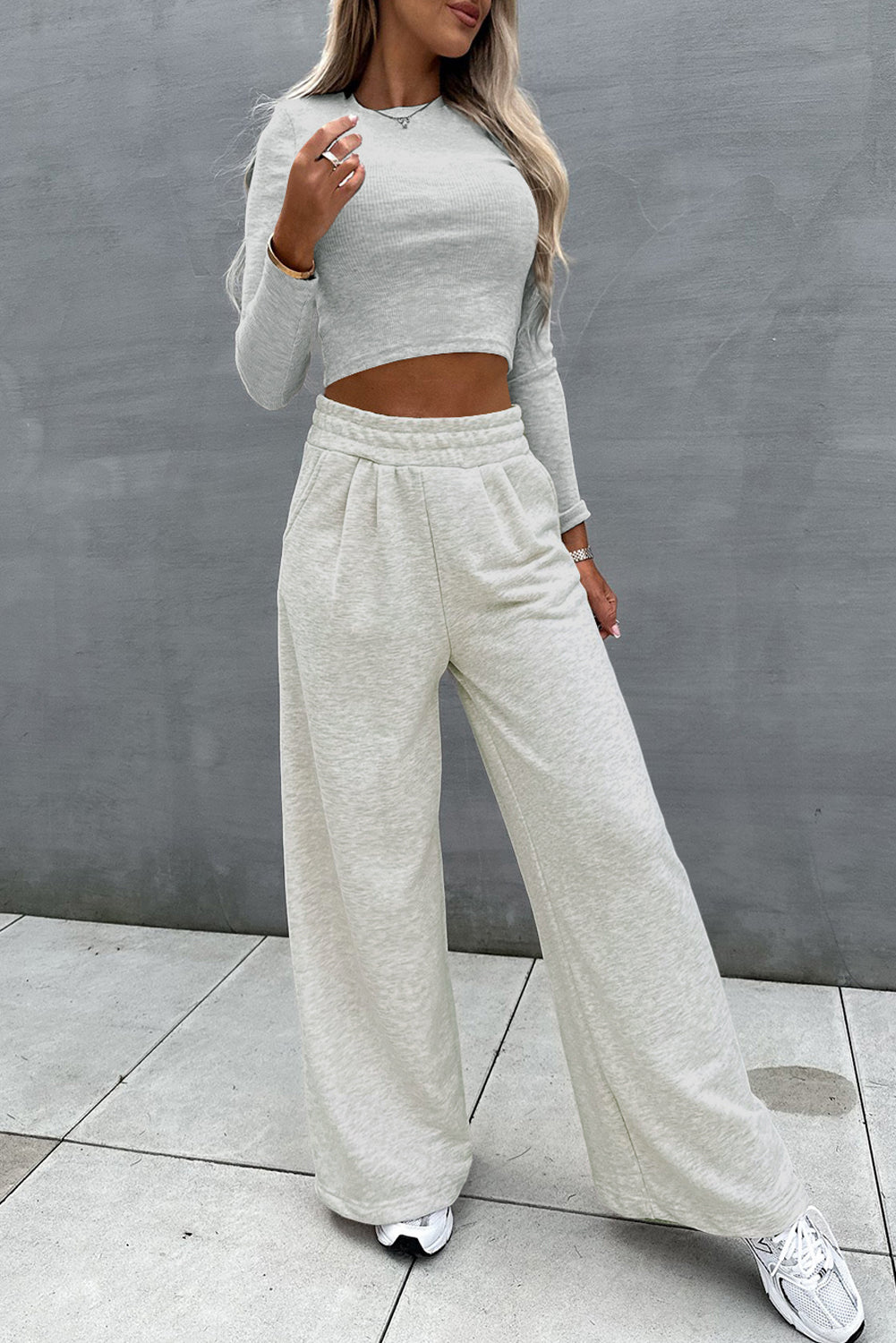 Beige Slim Fit Crop Top and Wide Leg Pants Set