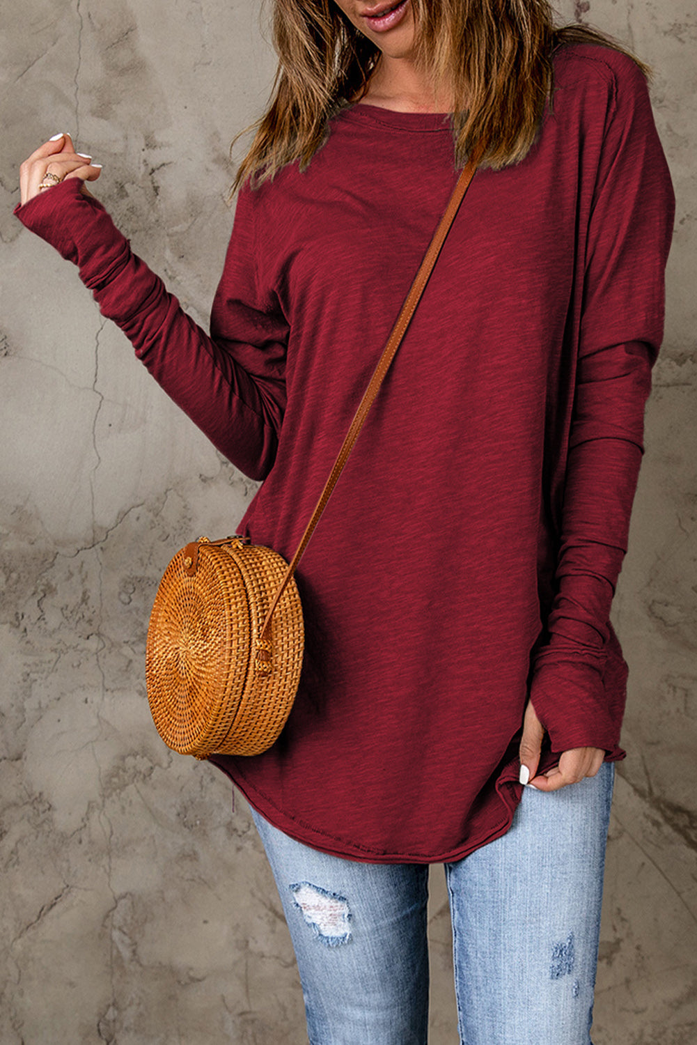 Dark Red Plain Thumbhole Long Sleeve Top