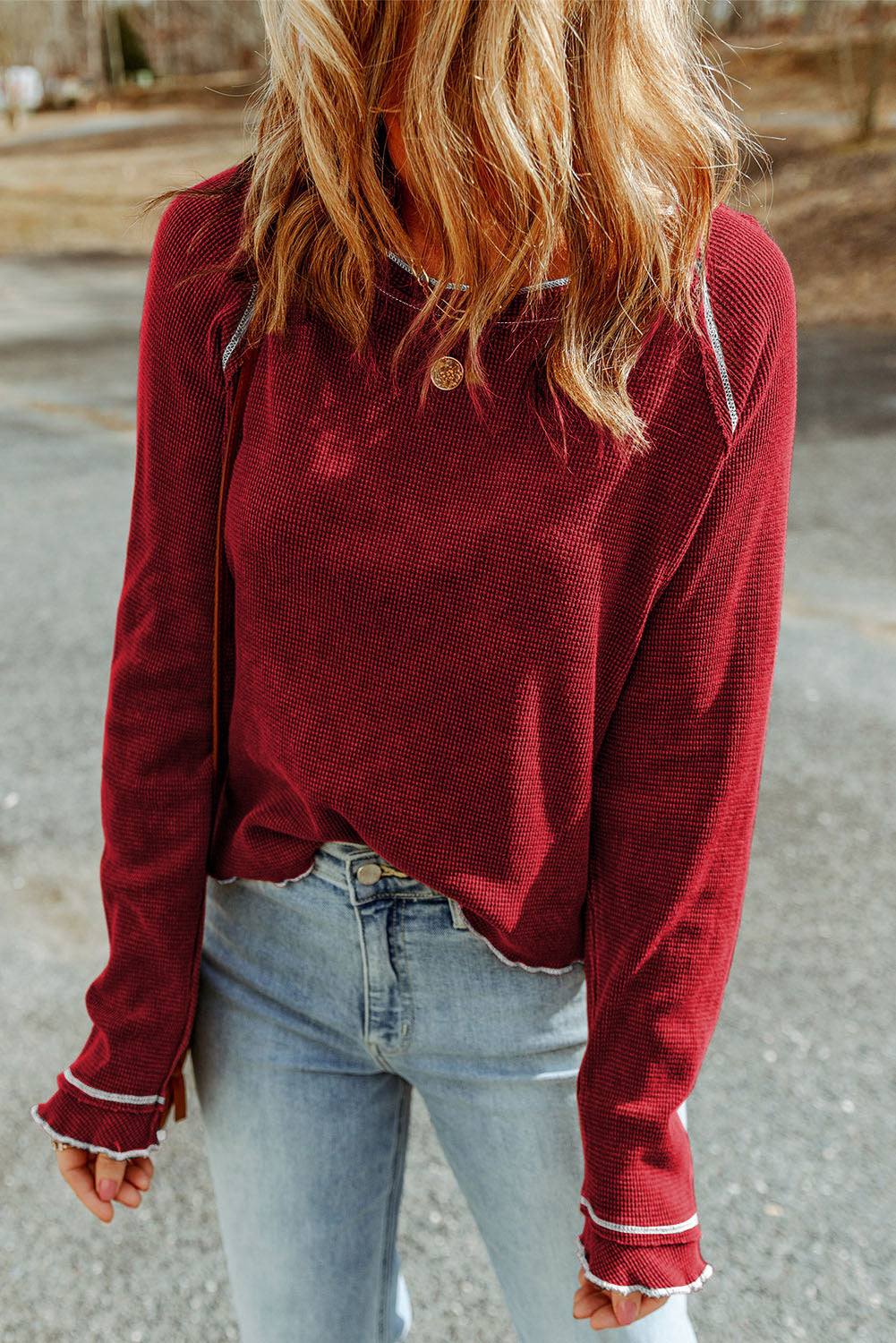 Red Exposed Seam Textured Pullover Long Sleeve Top