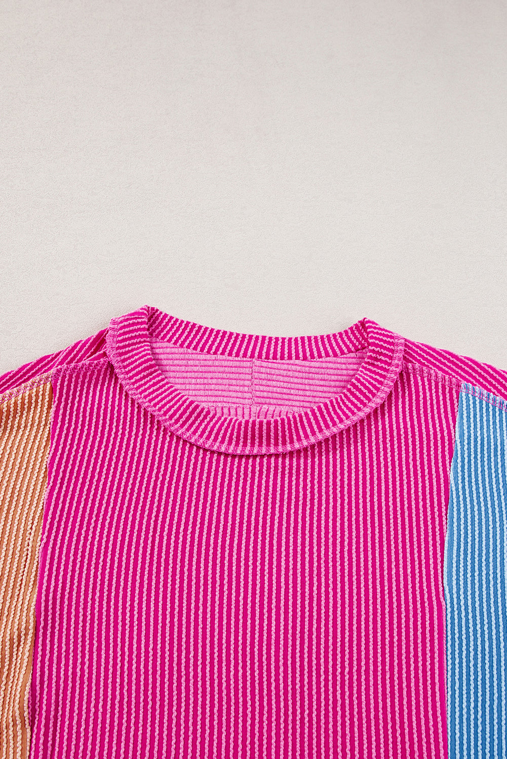 Apricot Pink Colorblock Ribbed Round Neck T Shirt