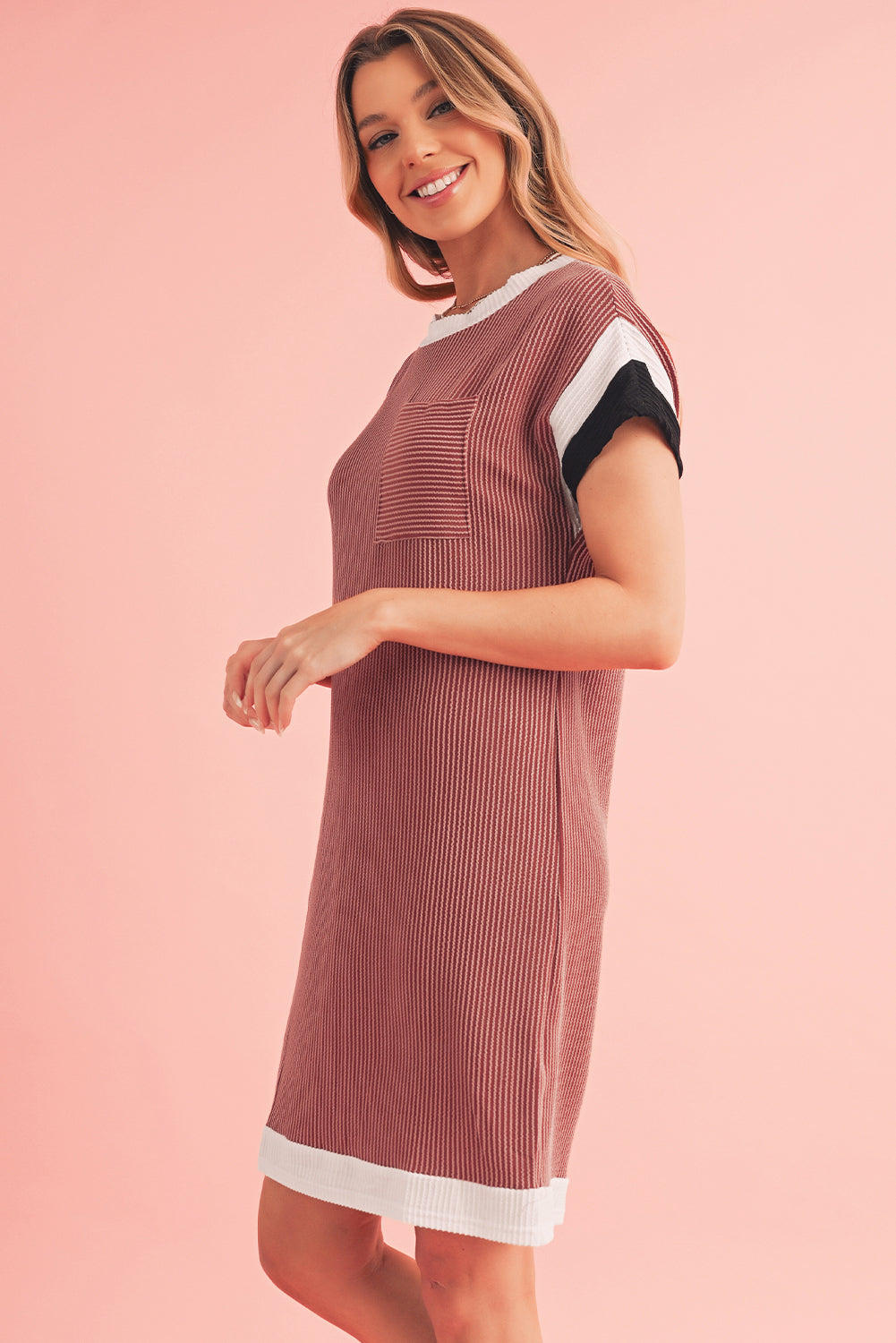 Rose Red Rib Textured Colorblock Contrast Pocket T Shirt Dress