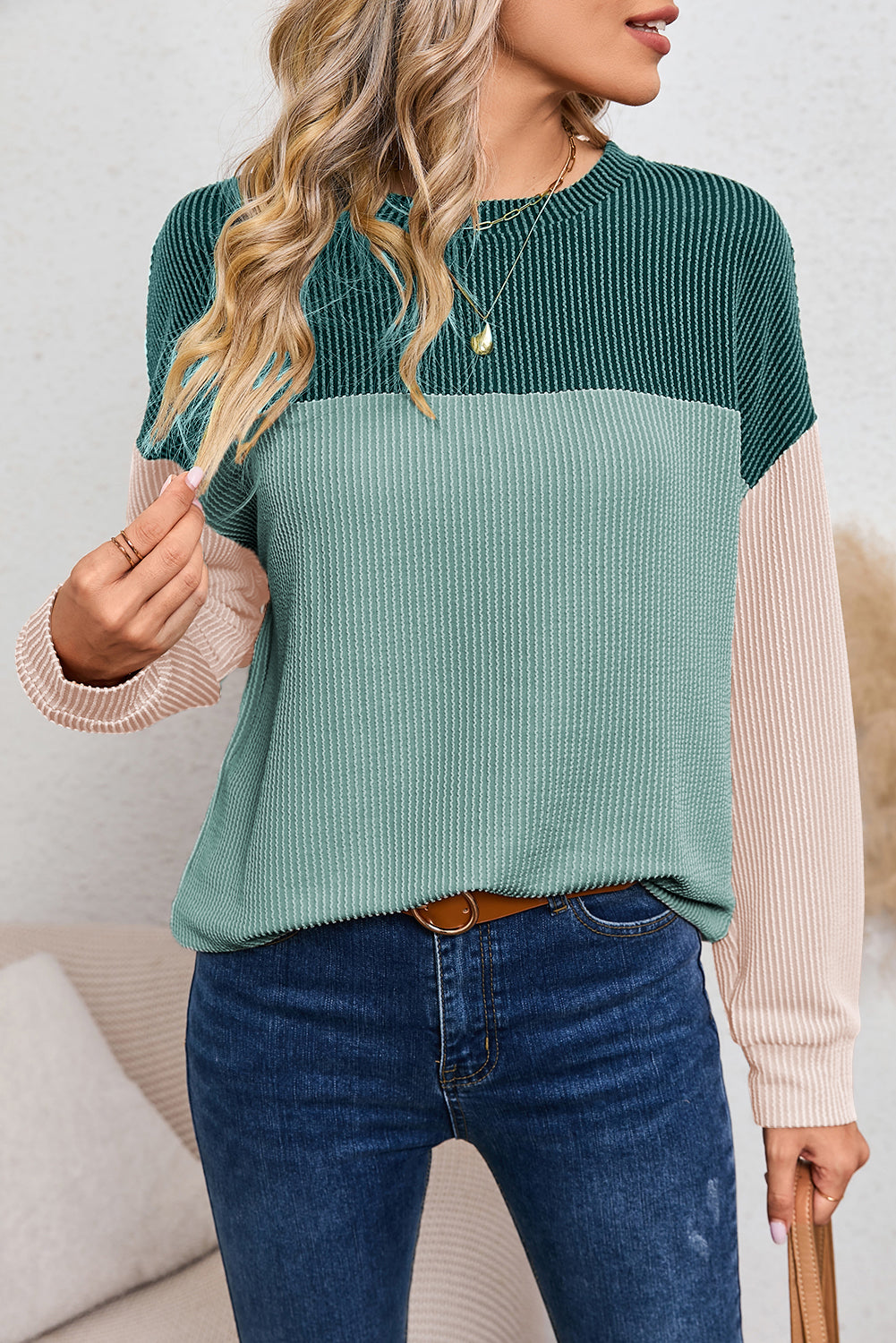 Dark Green Color Block Cording Loose Long Sleeve Top