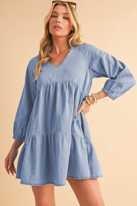 Beau Blue Puff Sleeve V Neck Tiered Ruffled Chambray Mini Dress